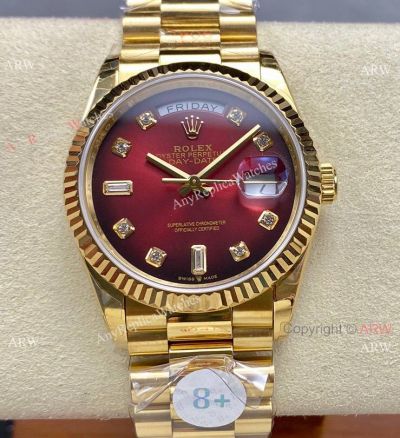 Rolex 8+ Factory DayDate 1-1 Gain Weight Red Gradient Yellow Gold Watch 36mm